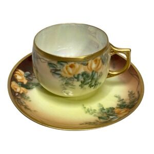 Antique Vintage J&C Bavaria Yellow Roses  Gold Gilt‎ Tea Cup Saucer
